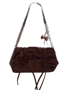 Brown Ruched Bow Shoulder Bag w/ Chain Detail – Y2K Style